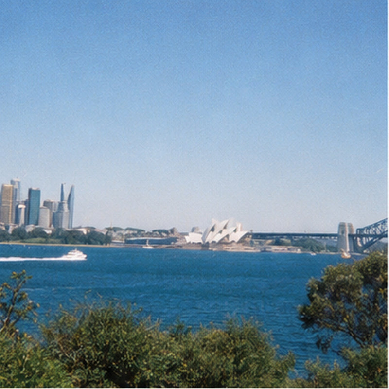 Sydney Harbour with the Opera House and Harbour Bridge, shot in warm retro digicam style