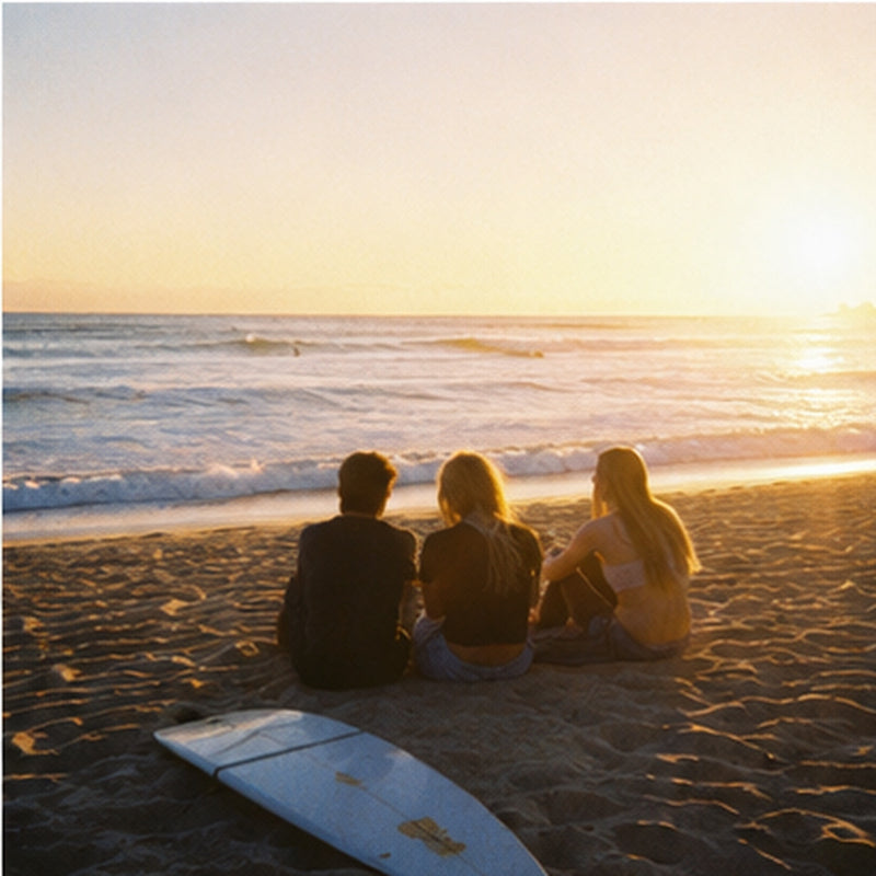 Three friends on the sand beside a surfboard watching the sunset, grainy digicam style photo