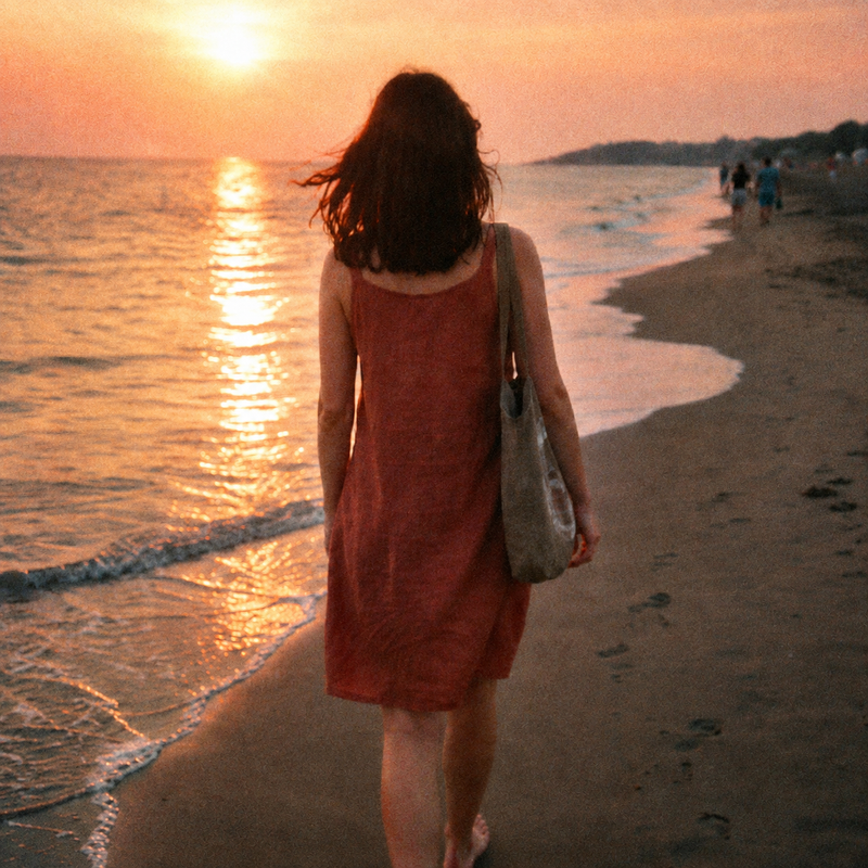 A woman walking along the shoreline at sunset, warm grainy retro digital camera look