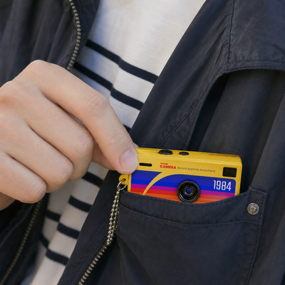 A close-up lifestyle shot of a person's hand sliding a bright yellow retro-style camera into their dark navy jacket pocket. The camera features a colorful blue, orange, and red stripe design with '1984' printed on the side.