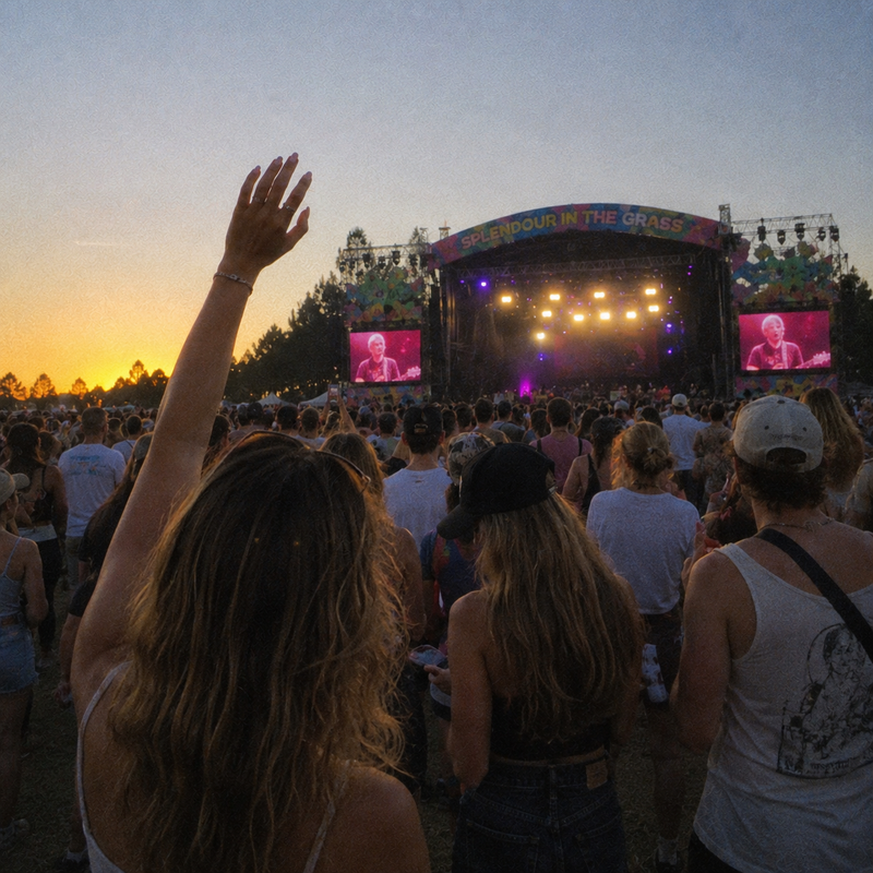Hand raised in a festival crowd in front of a lit stage at dusk, grainy digicam style photo