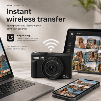 Digital camera with laptop, smartphone, and tablet displaying photos with text about instant wireless transfer.