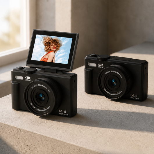 Two black cameras on a light surface with a blurred background