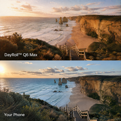 Split photo of the Twelve Apostles coastline, top frame shot on the DayRoll Q6 Max with warm sunset tones, bottom frame shot on a phone