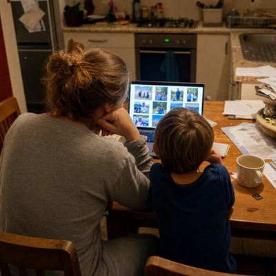 A parent and child at the kitchen table looking through a grid of their photos on a laptop