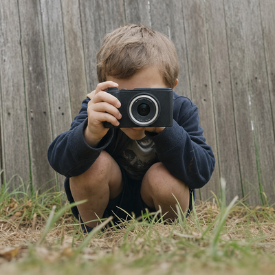 A child crouched low in the back garden aiming the DayRoll Q5 at something on the ground