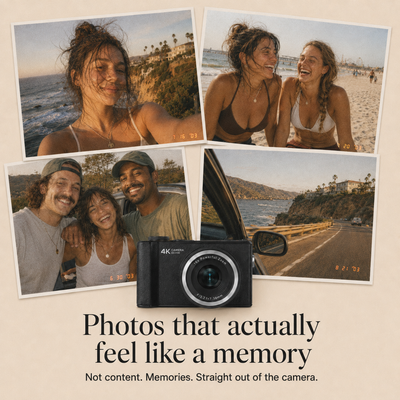 A black compact instant camera is centered over a collage of four warm-toned beach and outdoor photos, with text below reading, 'Photos that actually feel like a memory' and 'Not content. Memories.