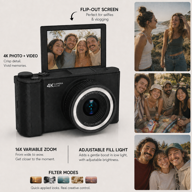 DayRoll Q5 DigiCam in black with flip out screen, shown on a light beige background with feature callouts and four lifestyle photos