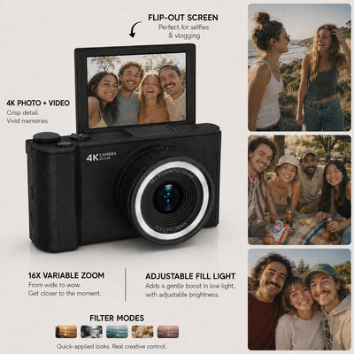DayRoll Q5 DigiCam in black with flip out screen, shown on a light beige background with feature callouts and four lifestyle photos