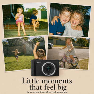 A collage of five warm family photos of children outdoors and in front of a black compact camera with silver ring detailing, on a beige background with the text 'Little moments that feel big' and 'Less screen time. More real memories.