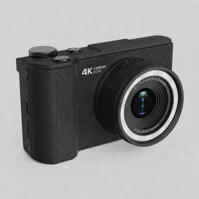 DayRoll Q5 RetroCam in black, pocket retro digital camera with 4K photo and video, 16x digital zoom and flip screen, front view