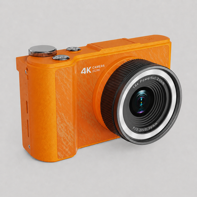 DayRoll Q5 DigiCam in orange, compact point and shoot retro digital camera with adjustable LED fill light, no app needed