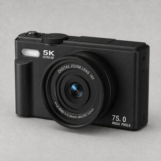 A black compact digital camera with a zoom lens, featuring white text that reads '5K ULTRA HD', 'DIGITAL ZOOM LENS 16X', and '75.0 MEGA PIXELS', shown on a neutral gray background.