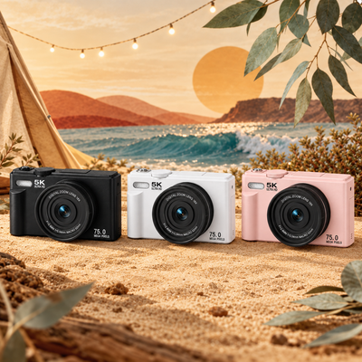 Three compact digital cameras in black, white, and pink are lined up on sandy ground with a beach and sunset backdrop. The cameras feature prominent lenses and the text '5K' and 'SUPER ZOOM LENS 18X' on the front.