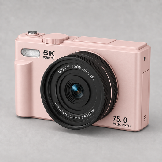 A compact pink digital camera with a black zoom lens, shown at a three-quarter angle on a neutral gray background. The camera features white text indicating '5K ULTRA HD', 'DIGITAL ZOOM LENS 16X', and '75.
