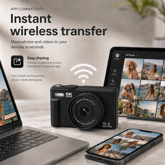 Digital camera with laptop, smartphone, and tablet displaying photos with text about instant wireless transfer.