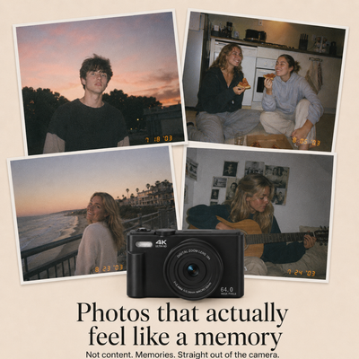 A promotional graphic for a black digital camera shown over four tilted sample photos of people sharing memories, with the text 'Photos that actually feel like a memory' on a beige background.