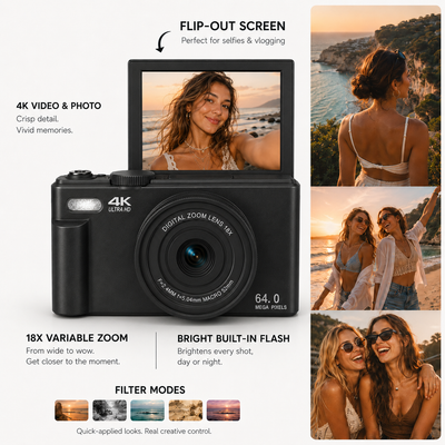DayRoll Q6 camera features: 4K video, 64MP photos, 18x zoom, flip selfie screen, built-in flash
